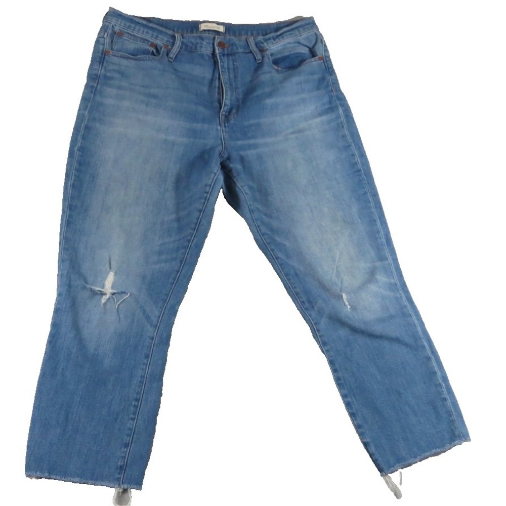 Madewell High Rise Slim Crop Boyjean Denim Women 32 Blue Distressed Frayed Pants